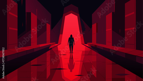 Silhouette walking through red corridor