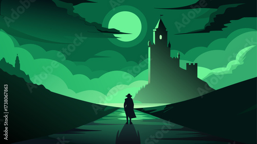 Silhouette under moonlit castle scenery