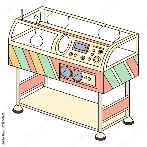 Colorful incubator machine with control panel and gauges