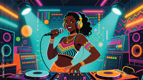 Woman Singing With DJ Music Combination Illustrator Artwork Banner Background Design Template 