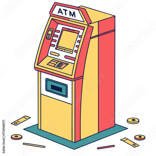 Colorful isometric A T M machine with scattered coins and bills
