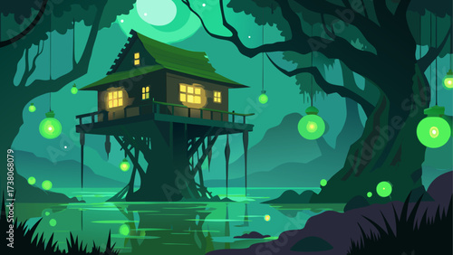 House on stilts in a swamp at nighttime