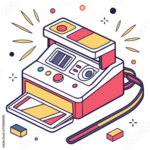 Colorful instant camera with film and strap photography