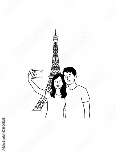 Couple takes travel selfie in front of Eiffel Tower.