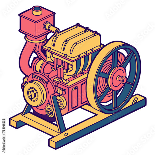 Colorful isometric engine machine with large wheel