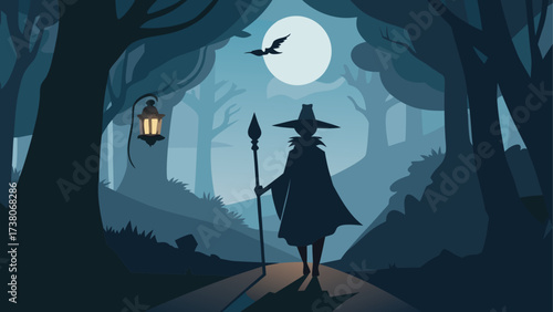 Silhouette figure in forest at nighttime