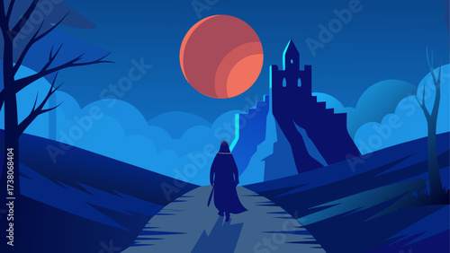 Lone figure walking toward distant castle