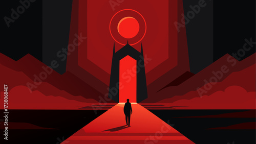 Man walking towards a red portal in dark