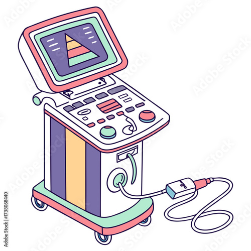 Colorful isometric ultrasound machine with screen and probe