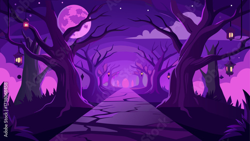 Mystical purple forest path with lanterns