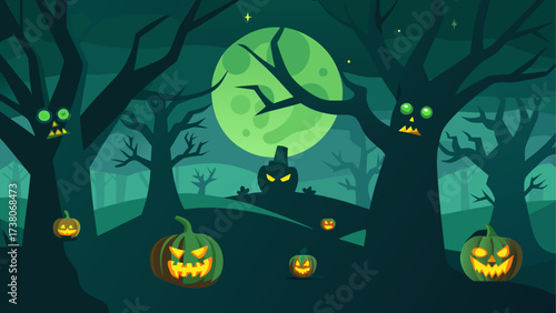 Halloween night scene with spooky pumpkins