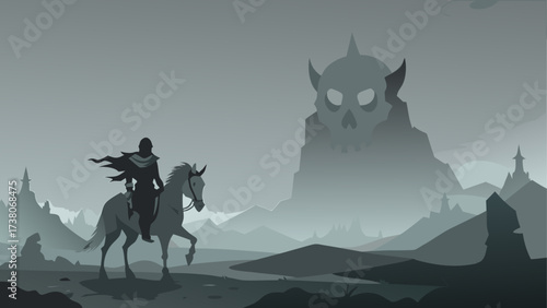 Rider on horseback before skull mountain