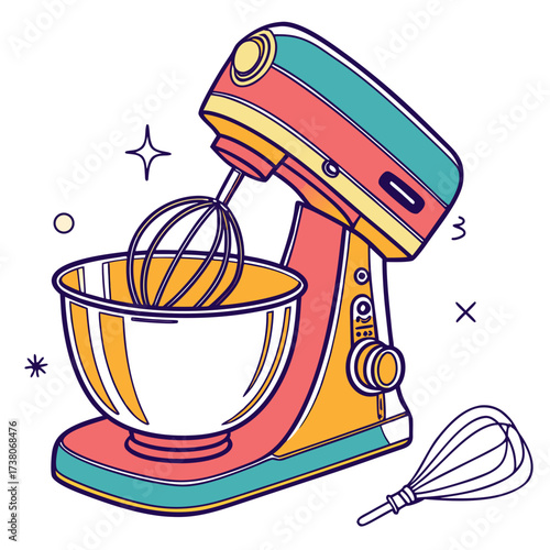 Colorful kitchen stand mixer with whisk on white background
