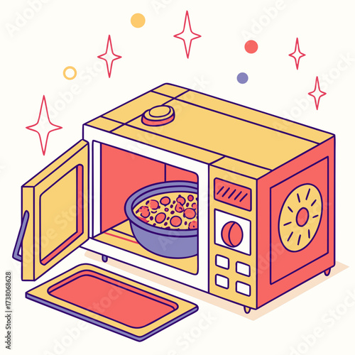Colorful microwave oven with open door and food inside
