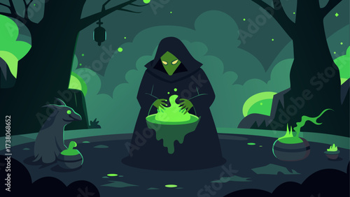 Witch brewing potion in a dark forest
