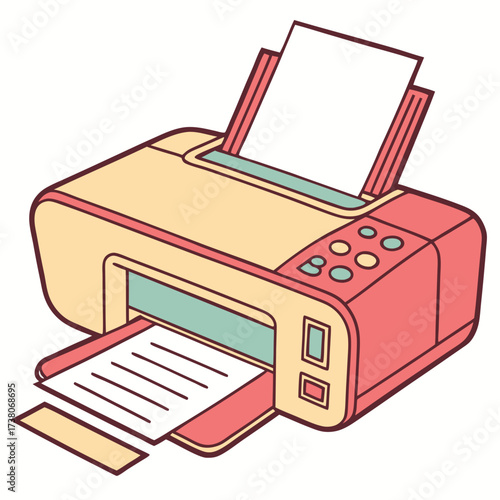 Colorful office printer with paper output and input