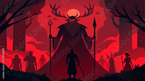 Silhouette figures in a red forest scene