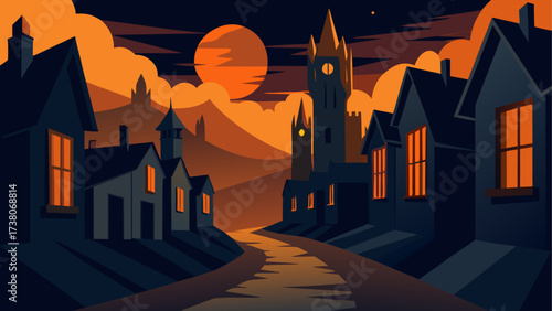 Nighttime town scene with a large moon glow