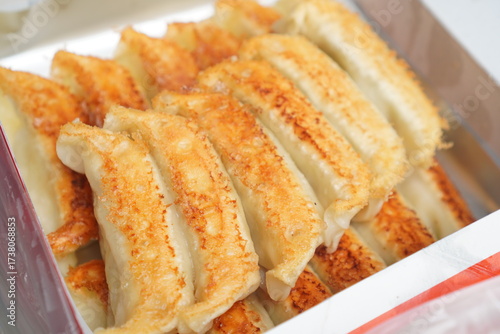 香ばしく焼き上がった宇都宮餃子のアップ写真　黄金色の焼き目が美味しそうに並ぶテイクアウト餃子　中華料理の定番メニューで家庭料理や外食、食欲をそそる食文化を表現したフードイメージ