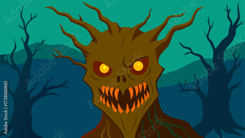 Creepy tree monster with glowing eyes art