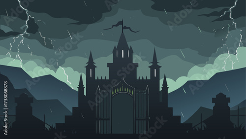 Silhouette castle under stormy weather sky