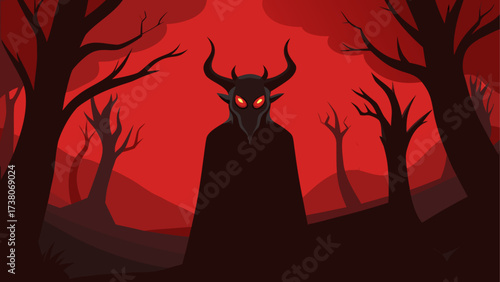 Silhouette demon in a spooky red forest