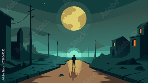 Silhouette walking under moonlight in town