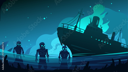 Skeletons shipwrecks in the ocean at night