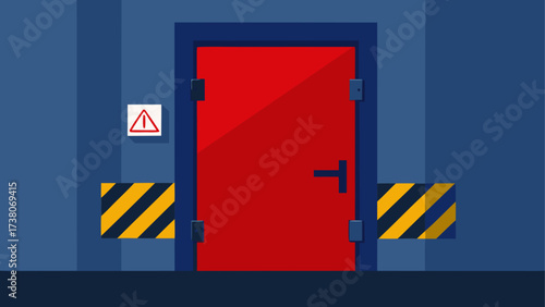 Red door with warning sign and hazard bars