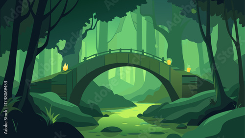Illustration of a bridge in a green forest