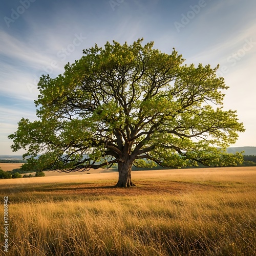 A large, vibrant oak tree stands majestically in a golden field, bathed in soft sunlight, under a serene sky.