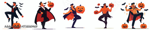 vector of a man in a Dracula costume dancing at a Halloween celebration