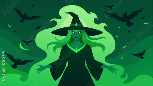 Green witch with bats in a dark landscape