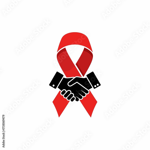 Red Ribbon with Handshake - Symbol of Solidarity and Support.