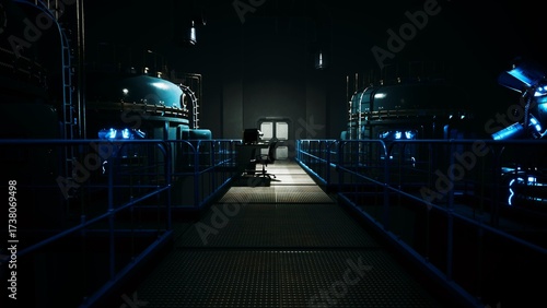 Tableau sur toile A dimly lit industrial corridor features towering blue tanks and a solitary chair positioned toward a door