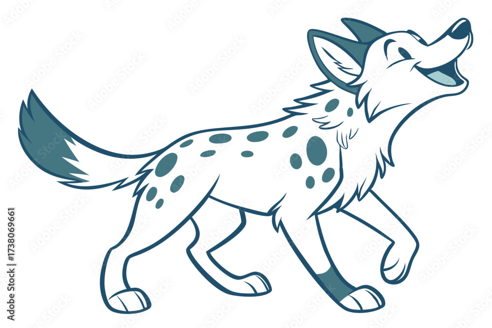 Fototapeta premium Cartoon African Wild Dog Howling, Canine with Spot Pattern, White Background