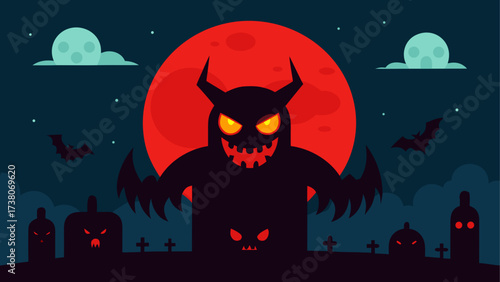 Halloween night with devil and red moon