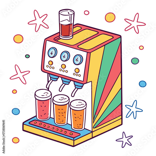 Colorful soda fountain machine with drinks and stars