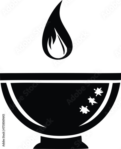 Symbolic silhouette of a flame above a traditional bowl with decorative accents representing light and tradition