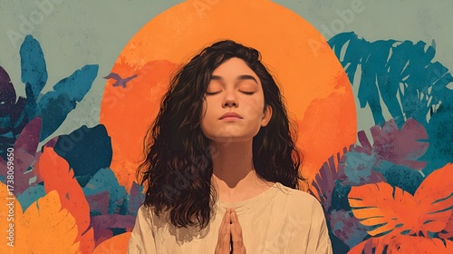 A young woman sits peacefully with her eyes closed and hands in a prayer position, surrounded by colorful plants and a warm sunset. The atmosphere is calm and serene