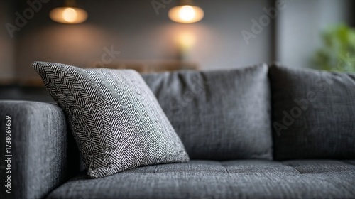 A cozy grey sofa with a textured decorative pillow sits in a contemporary living room. Soft, warm light from stylish lamps creates a welcoming atmosphere