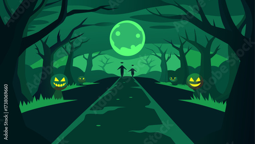 A spooky walk in the woods at halloween