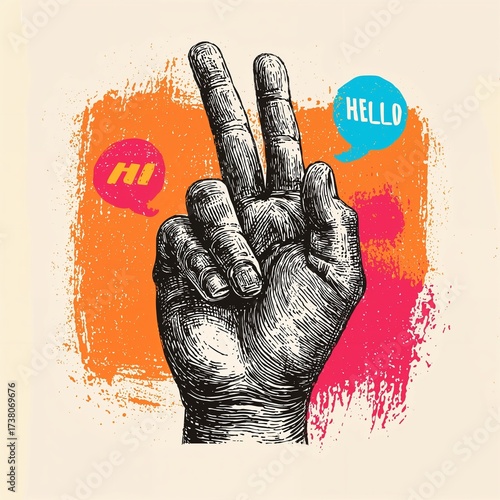 A raised hand with two fingers extended forms a peace sign. Colorful speech bubbles nearby display the words hi and hello, creating a bright and welcoming atmosphere