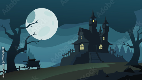 Spooky mansion under the moonlight night