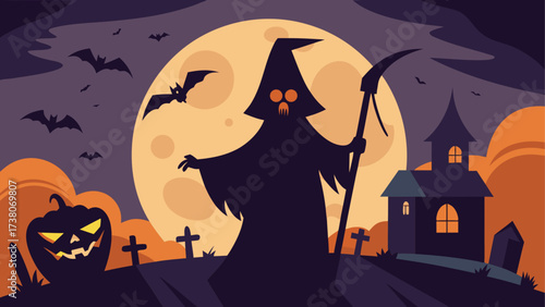 Halloween night with grim reaper and pumpkin