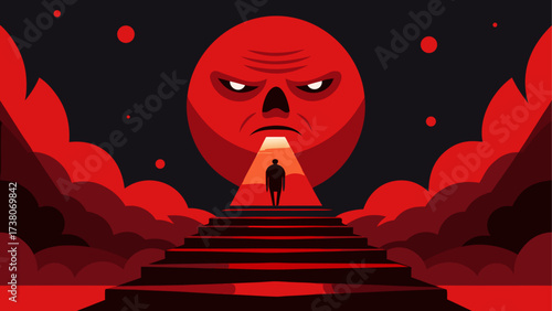 Silhouette walking towards a red giant face