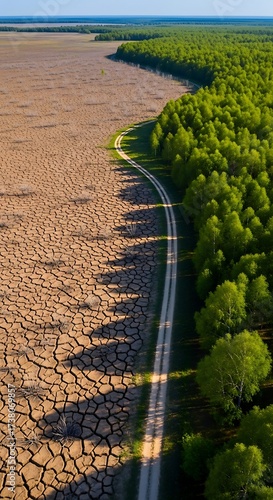 A winding dirt road bisects a parched, cracked earth landscape, contrasting sharply with a lush green forest.