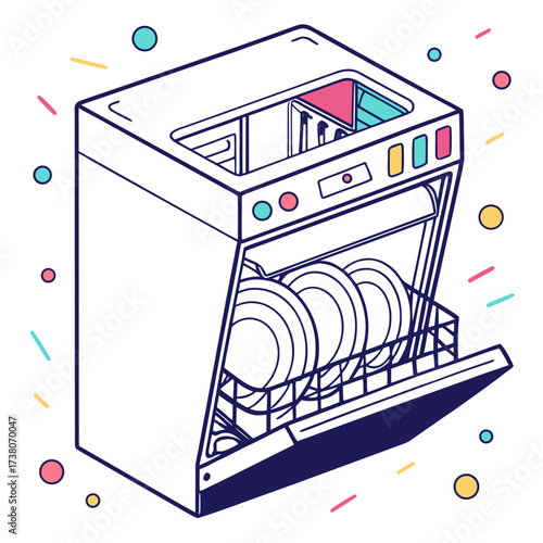 Colorful vector dishwasher with open door and plates