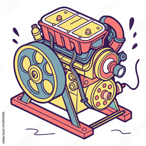 Colorful vector engine with large pulley and pipes