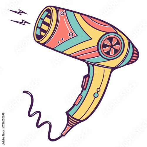 Colorful vector hair dryer with lightning bolts illustration